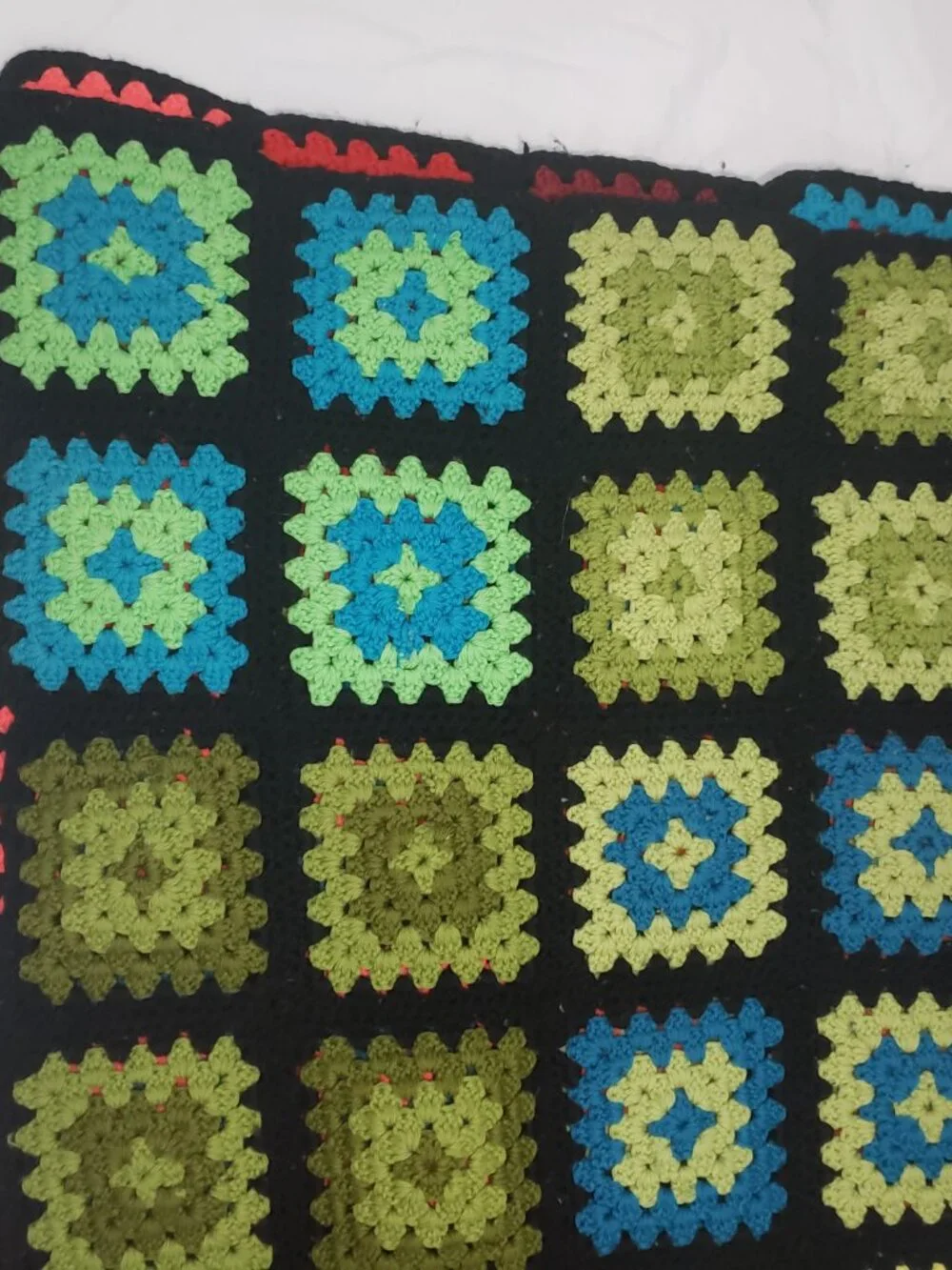 Vintage Granny Square Afghan Black Rainbow Crochet Blanket 56x90 Handmade Throw